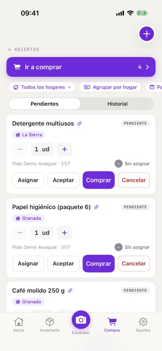 Lista de la compra con el hogar de destino de cada artículo