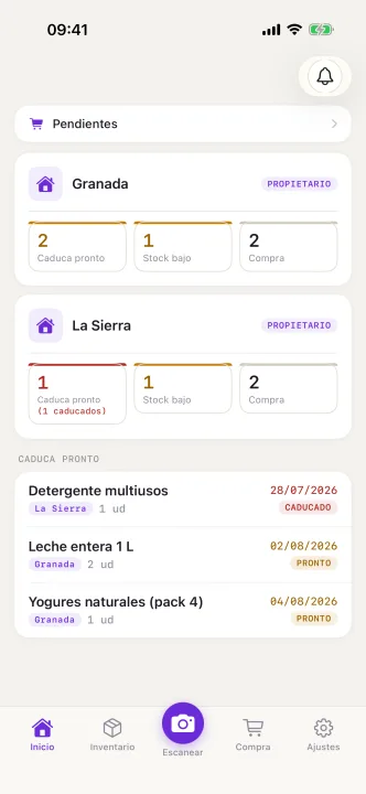 Panel de Anaquel mostrando dos hogares, Granada y La Sierra, con avisos de caducidad y compra abierta