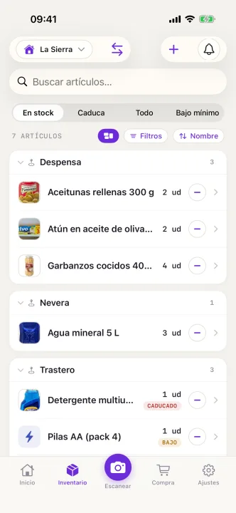 Inventario de La Sierra agrupado por estancia, con foto de cada artículo