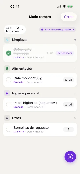 Modo compra agrupado por categorías con progreso de artículos comprados